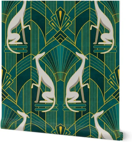 Papel tapiz para despegar y pegar – Art Deco Greyhounds Teal Gold Grey Dogs Whippet Sighthound - Papel tapiz extraíble personalizado Spoonflower