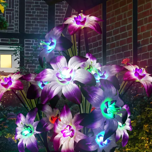 Solar Garden Lights Outdoor - Solar Flowers Lights Outdoor Decorative Waterproof, 40 Hour Coloring Changing Lily Flower Yard Pathway Light Solar