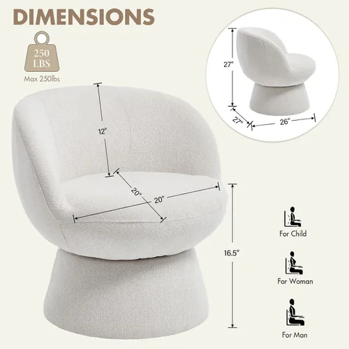 Miniatura 2 de Silla giratoria de 360° con respaldo curvo, moderna silla redonda tapizada de felpilla blanca, sillón tipo cubo para espacio pequeño, sala de estar