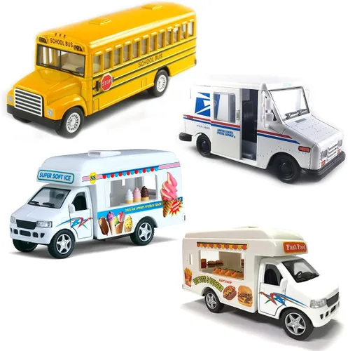 Juego de 4 regalos fundidos a presión | Helado, comida, autobús escolar, camiones de correo | Juguetes para niños y niñas con interior detallado