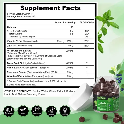 Miniatura 5 de Gomitas orgánicas de aceite de orégano con aceite de semilla negra para niños y adultos Suplemento de aceite de orégano 6 en 1 Carvacrol +