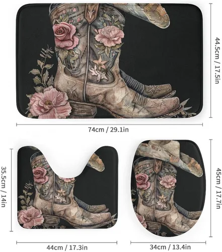 Miniatura 3 de Juego de 4 cortinas de ducha con gorro de bota con alfombras, cubierta para tapa de inodoro y tapete de baño, diseño de vaquero occidental