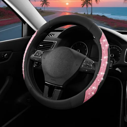Miniatura 9 de PIC AUTO Funda para volante, purpurina de cristal brillante con cuero negro, ajuste universal de 14.5 a 15.5 pulgadas para volantes de automóvil