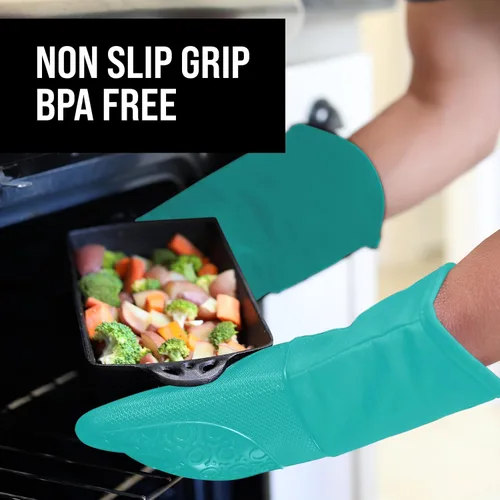 Miniatura 5 de Guantes de horno de silicona con forro de algodón acolchado – profesional resistente al calor olla de cocina soportes – 1 par 2-Turquesa