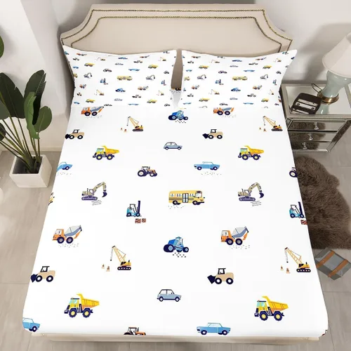 Miniatura 9 de Juego de sábanas bajeras para niños con diseño de caricaturas para niños, equipamiento para camiones, sábana de cama, excavadora, tractor, blanco