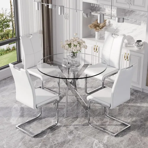 Miniatura 20 de Juego de mesa de comedor redonda moderna de vidrio de 36 pulgadas para 2, mesa de comedor de vidrio con patas cruzadas de metal, mesa de cocina