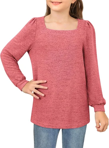 Miniatura 3 de BZB Camisas de manga larga para niñas, estilo casual, cuello cuadrado, túnica para otoño e invierno, ropa de 5 a 14 años