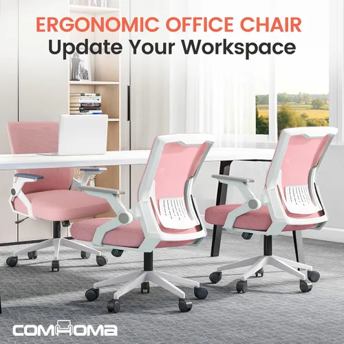 Miniatura 8 de COMHOMA Silla de oficina con reposabrazos abatibles, silla de escritorio ergonómica para computadora con soporte lumbar adaptable y malla Rosa
