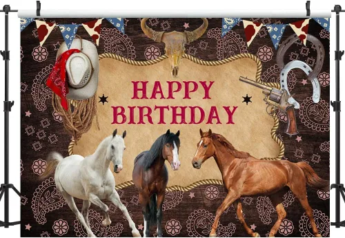 Miniatura 3 de Telón de fondo de fotografía de caballo de feliz cumpleaños, decoración de fiesta de vaquero del salvaje oeste, fondo de imagen, fondo de granja