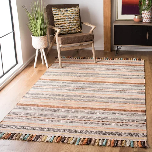 SAFAVIEH Montauk Collection - Alfombra decorativa de 3 pies x 5 pies, color beige y multi, hecha a mano, estilo boho con rayas y flecos, de algodón,