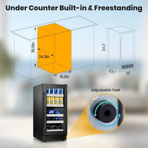Miniatura 7 de Refrigerador de bebidas de 15 pulgadas, 13 botellas y 48 latas bajo encimera, refrigerador de bebidas negro con compresor de bajo ruido, enfriador