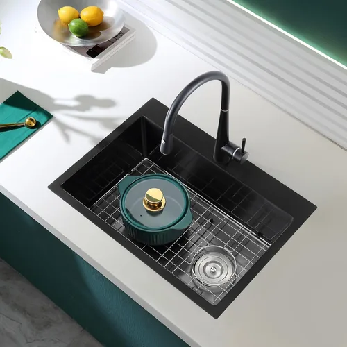 Miniatura 2 de Fregadero de cocina negro empotrable de 22 pulgadas de un solo tazón, fregadero de cocina de montaje superior con rejilla inferior protectora