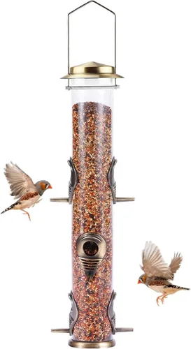 Miniatura 10 de MIXXIDEA 1PK Alimentadores de pájaros metálicos con 6 puertos de alimentación, alimentador de pájaros de tubo con colgador de acero, alimentador