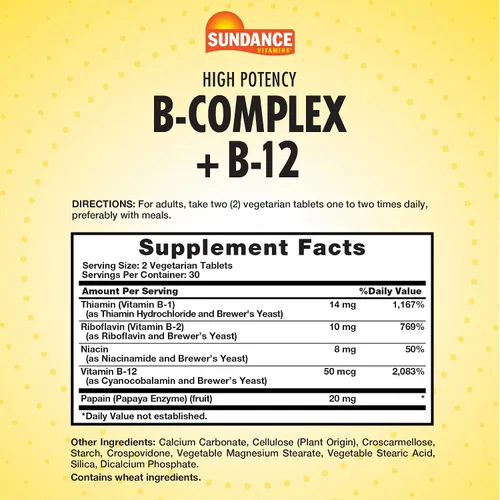 Miniatura 2 de Sundance Complejo de vitamina B con B-12 60 tabletas Alta potencia Suplemento vegetariano, sin OMG y sin gluten
