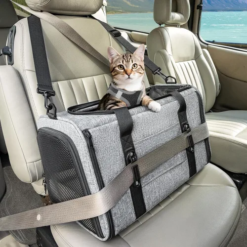 Miniatura 15 de PETSFIT Transportador de gatos de lados suaves con hebillas de seguridad patentadas, cremalleras bloqueables y correa de seguridad, transportador