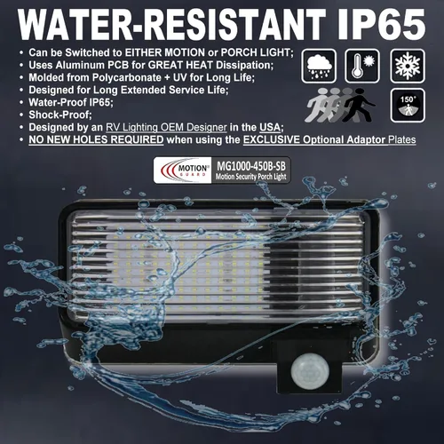 Miniatura 4 de MG1000-450B-SB, luz LED de sensor de movimiento para porche montada en exterior de RV, con clasificación IP65 con sensor INTELA, protección