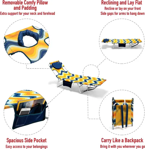 Miniatura 6 de Silla de salón de playa SunnyFeel para adultos con agujero para la cara, sillas de playa reclinables con mochila, silla de bronceado boca abajo