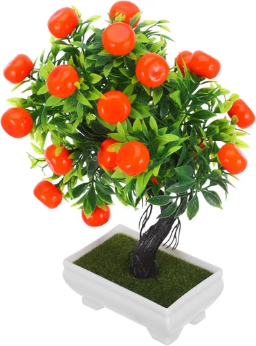 HOMSFOU Árbol de kumquat simulado de imitación naranja bonsái con base de madera, pequeña planta de fruta artificial en maceta para el hogar,