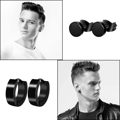 Miniatura 5 de ONESING 10-15 pares de aretes para hombre, aretes negros de acero inoxidable para hombres y mujeres, juego de aretes de piercing para hombre, Acero
