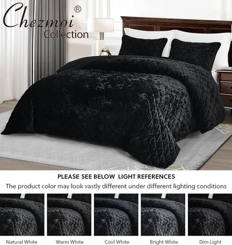 Miniatura 5 de Chezmoi Collection Lux - Juego de edredón de terciopelo negro extra grande, ropa de cama de terciopelo envejecido de 3 piezas para todas