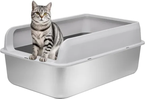 Miniatura 8 de Kichwit Caja de arena para gatos de acero inoxidable, bandeja de arena para gatitos, bandeja de arena de metal para gatos, superficie lisa