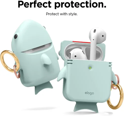 Miniatura 4 de elago Funda de tiburón compatible con Apple AirPods, bonita funda de diseño 3D con llavero para Apple AirPods 2, 1 (menta bebé)