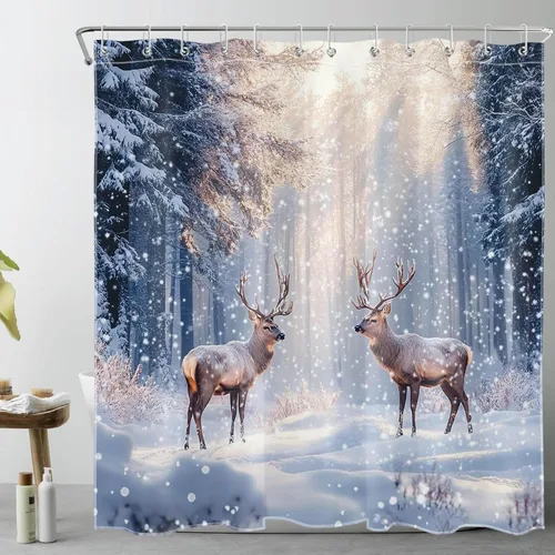 Miniatura 15 de LB Cortina de ducha de árbol de Navidad para baño, cortina de ducha abstracta de tela de pino nevado rosa y verde con ganchos, juego de cortina