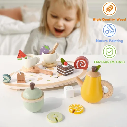 Miniatura 4 de PairPear Juego de fiesta de té de madera para niñas pequeñas, juegos de té para niños pequeños de 3 a 5 años, 20 piezas, juego de té de frutas