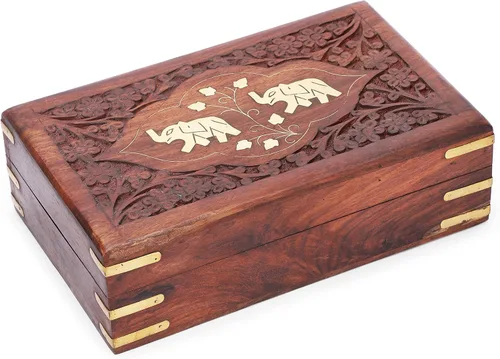 Miniatura 7 de Ajuny Hermosa caja de joyería de madera hecha a mano con incrustaciones de latón elefante con diseño de elefante organizador de almacenamiento