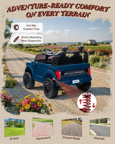 Miniatura 7 de First Ride On Ford F-150 Raptor con Licencia - Auto de Paseo de 2 Asientos para Niños, Juguetes de Paseo de 24 Voltios para Niños con Control Azul