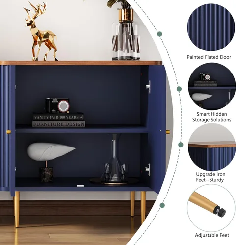 Miniatura 4 de HLR Aparador buffet con textura estriada, armario de acento azul con 2 puertas, almacenamiento moderno de credenza para cocina, sala de estar