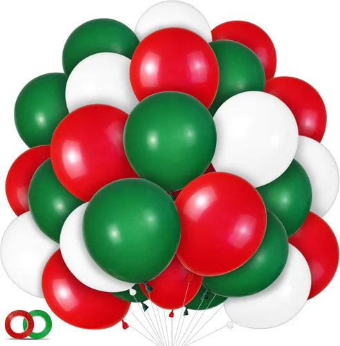 100 unidades de globos de Navidad rojos y verdes de 12 pulgadas, globos de látex rojos, verdes y blancos con 65 pies de cinta para decoraciones de