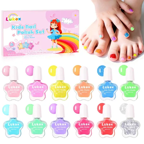Lukax Juego de esmaltes de uñas para niñas – 12 colores no tóxicos seguros para niños pequeños, a base de agua, despegar y quitar bajo olor para