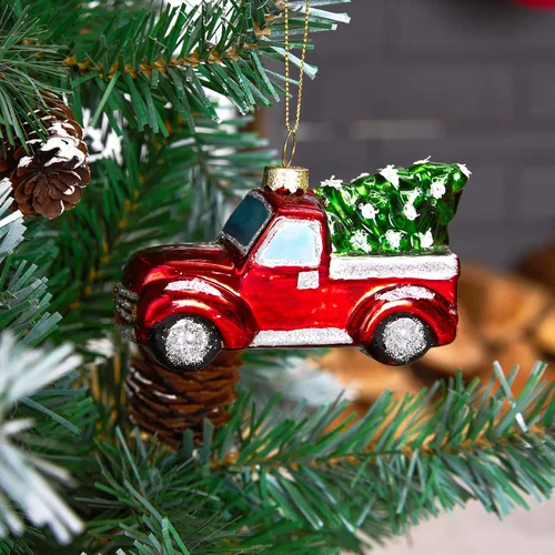 Miniatura 7 de Joiedomi Adornos Navideños Mini de Camión Rojo con Árbol, Adorno Pequeño y Divertido de Vidrio Soplado para Colgar en Árbol de Navidad, Decoraciones