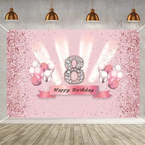 Decoraciones de feliz cumpleaños número 8 para niñas, pancarta de fondo, decoración de fiesta, cartel de tela, fondo de foto rosa para suministros
