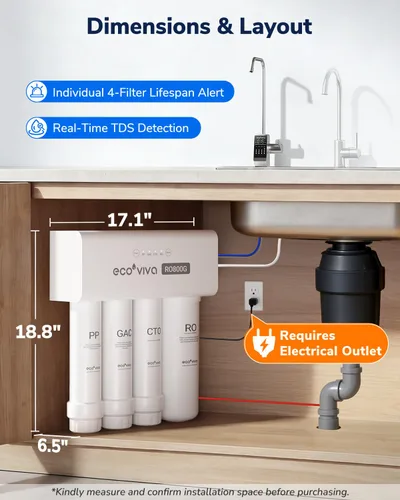Miniatura 8 de Ecoviva Sistema de ósmosis inversa para debajo del fregadero 800GPD, diseño alemán con NSF/ANSI 58 61 372 sin tanque 3:1 puro para drenar 9 etapas