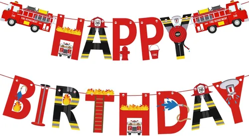 Cartel de feliz cumpleaños de camión de bomberos para niños y adultos, bomberos de rescate de bomberos, letrero de fiesta de cumpleaños, suministros