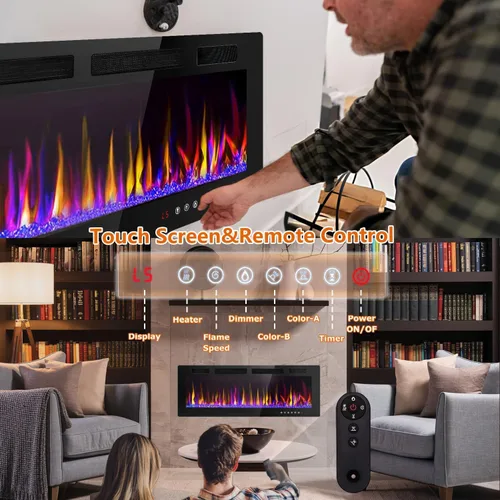 Miniatura 3 de LEMBERI Chimenea eléctrica de 50 pulgadas empotrada y montada en la pared, calentador de 750/1500 W y chimenea lineal con panel de control