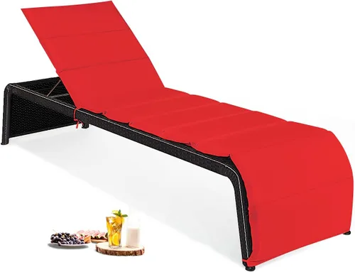 DORTALA Tumbona para exteriores, silla reclinable de ratán ajustable de 5 posiciones con asiento acolchado y pies ajustables, muebles de sofá Rojo
