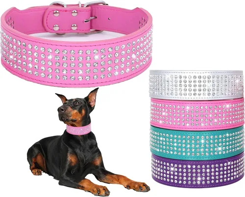 Miniatura 8 de Collares de Perro con Diamantes de Imitación - 2" de Ancho con Diamantes de Cristal con Tachuelas de Cuero PU 5 Filas Collar con Tachuelas