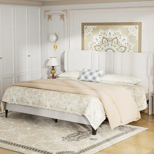 Miniatura 13 de GTPLAYER Base de cama de tamaño matrimonial, base de cama tapizada con cabecera alta con respaldo de alas, tela de terciopelo suave, no necesita