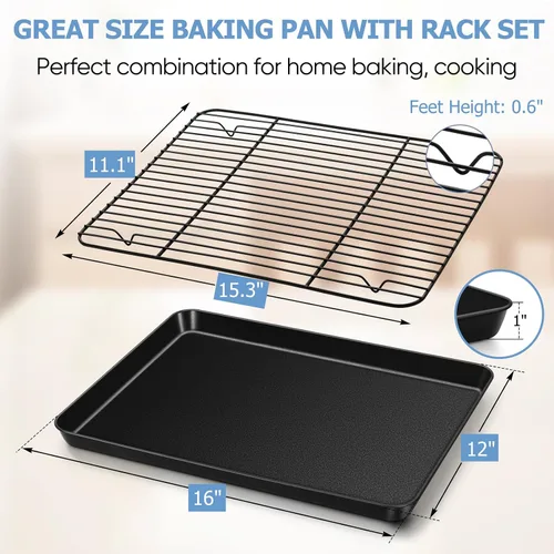Miniatura 2 de TeamFar Juego de 4 bandejas para hornear con estante, 16 x 12 x 1 pulgadas, bandeja antiadherente para hornear galletas con estante de enfriamiento