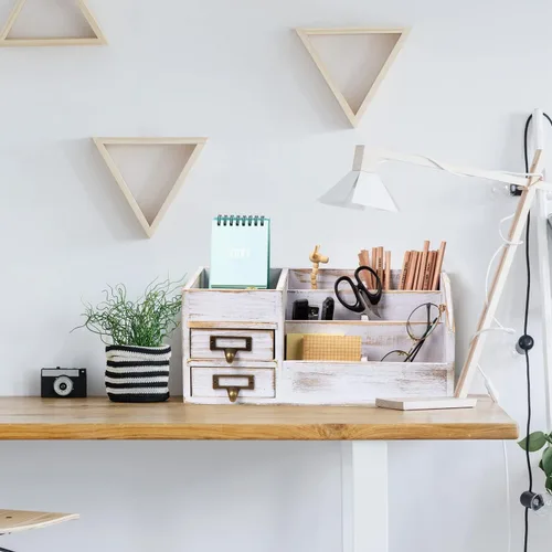 Miniatura 6 de Organizador de escritorio de oficina de madera rústica envejecida, estante organizador de mesa para el hogar con múltiples compartimentos, cajones