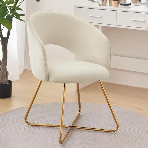 Furniliving Silla de Tocador de Terciopelo con Respaldo Curvo, Silla de Escritorio Tipo Barril Tapizada con Patas Doradas, Silla Decorativa Moderna