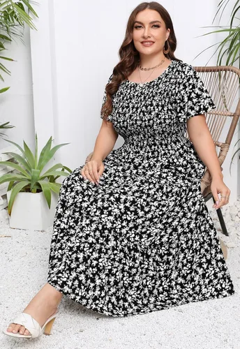 Miniatura 3 de Younrui Vestido largo escalonado fruncido para mujer, talla grande, con bolsillos, elegante, manga corta, cuello redondo, floral, bohemio, vestido