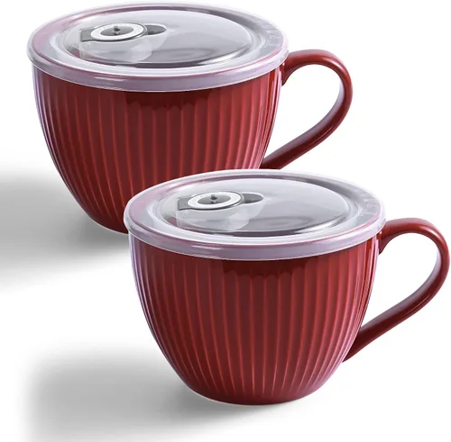 Miniatura 29 de Tazón de sopa de cerámica con asa de 32 onzas – Tazón de ramen para microondas con tapa, tazas y tazas de sopa para cereales, avena, ramen, fideos
