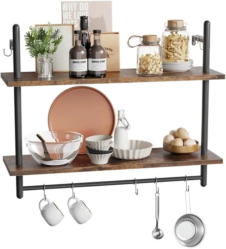 Miniatura 8 de Bestier Estante de tubería industrial flotante de 31 pulgadas, estantes montados en la pared de cocina con 8 ganchos para barra de toallas, estante
