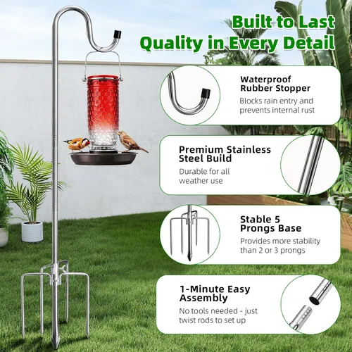 Miniatura 4 de COCONUT Gancho de pastor de 62 pulgadas, gancho de pastor de acero inoxidable con base de 5 puntas ajustable, soporte de jardín para colgar