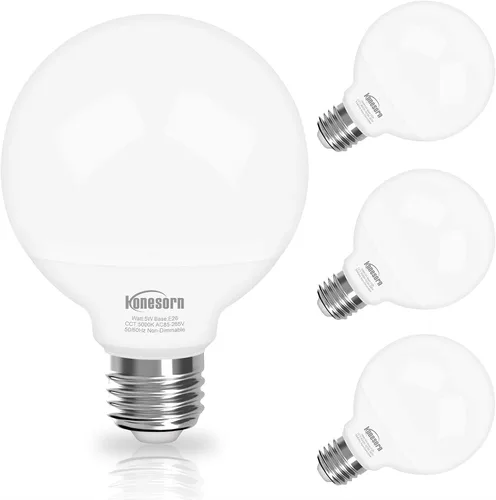 Honesorn Bombillas de baño con base E26, equivalente a 60 vatios, luz diurna de 5000 K, bombillas LED de tocador para baño, bombillas redondas G25