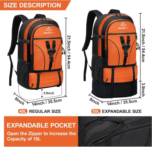 Miniatura 2 de Mochila de senderismo expandible de 40 L/50 L para hombres y mujeres, mochila de viaje y camping aprobada para vuelos 40l+10l naranja